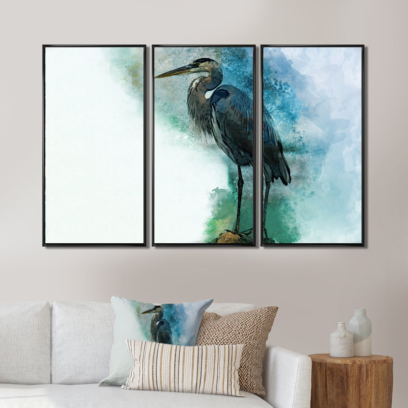 Contemplating Heron By The Waterside - Ensemble de 3 toiles d'art encadrées, H 28 po x l 36 po x P 1 po, Cadre noir