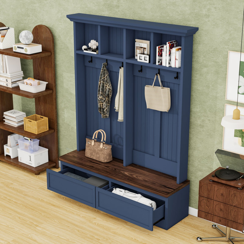 Wooden Hall Tree with Storage Shelves, Drawers, Hooks and Bench