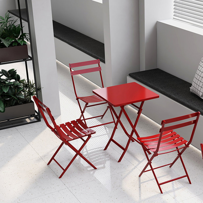 3 Piece Patio Bistro Set Of Foldable Square Table And Chairs, Red, Red