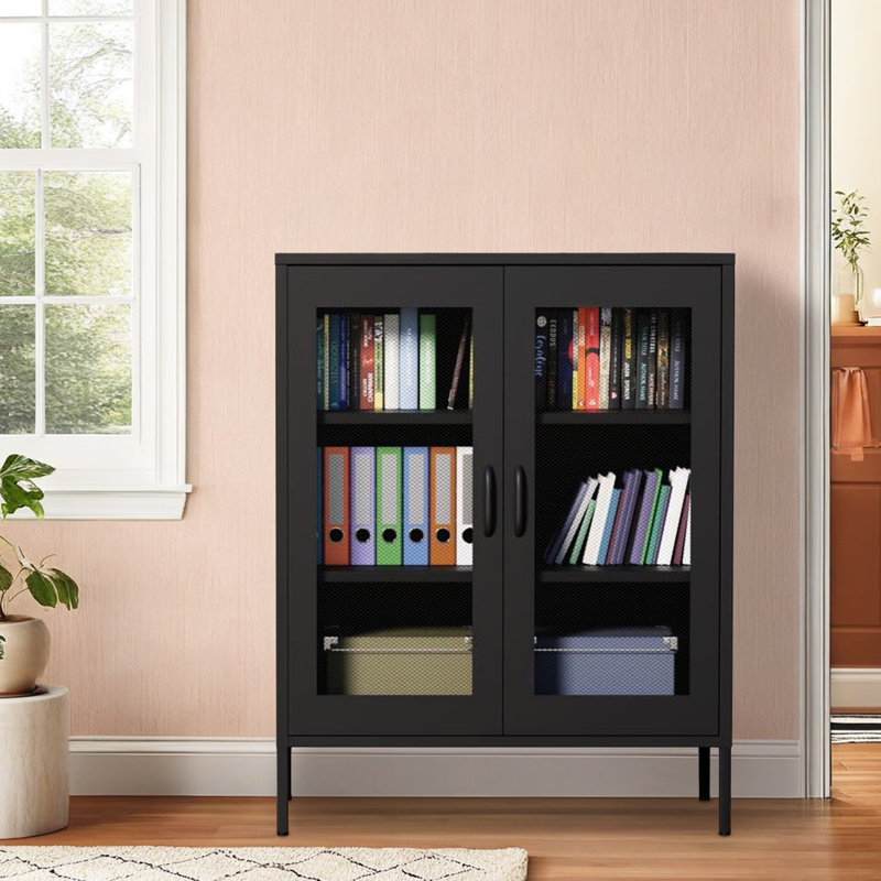 Armoire de rangement en métal avec portes et tablettes en filet, Noir, Noir