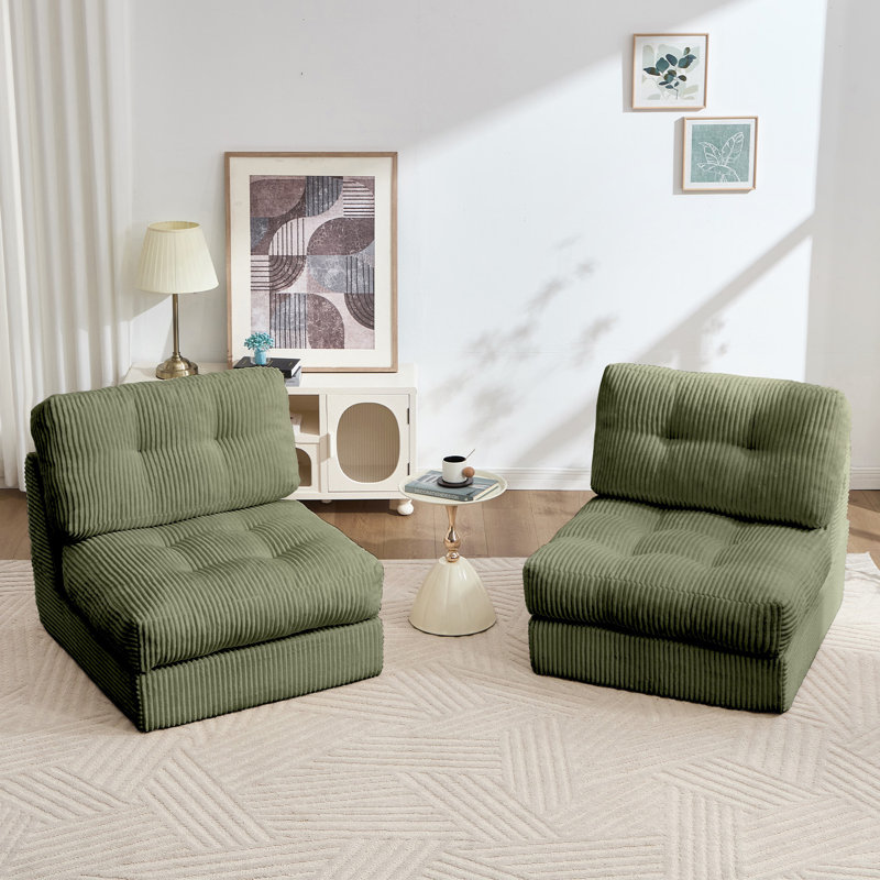 Boneless 8.3" Futon Mattress, Folding Sofa Bed,Modern Corduroy Upholstered Sofa - Comfortable Accent Chair,Set Of 2, Green