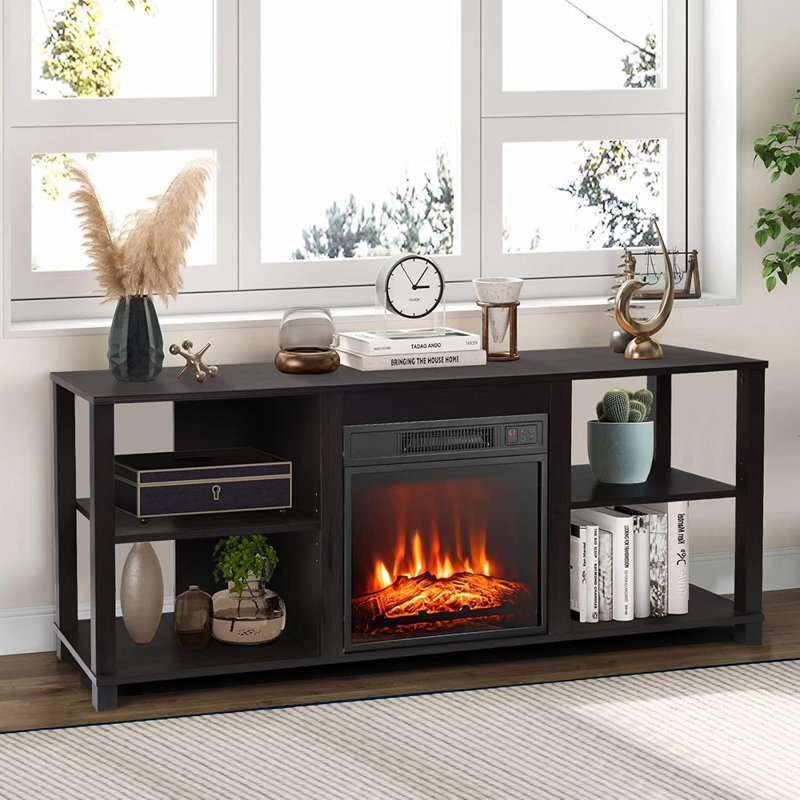Meuble télé avec foyer électrique, flamme et chaleur réglables, minuterie et télécommande, noir - Meuble télé avec foyer