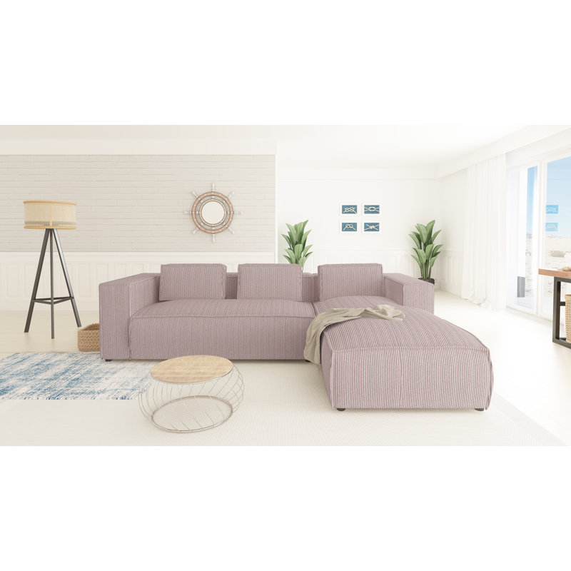 Modern L-Shape Corner Sofa  Made of Cord with Soft Seat, Powder Pink, Right Hand Facing