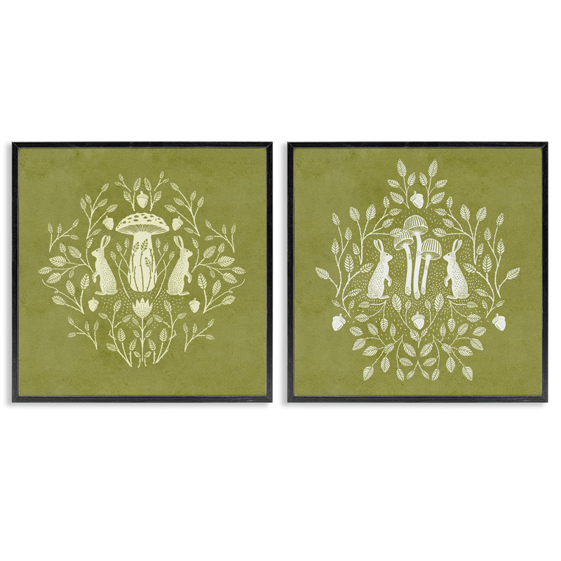  Boho Bunnies & Mushroom, ensemble de 2 giclées par Katie O'Shea, H 17 po x l 17 po, Giclée encadrée noir minuit