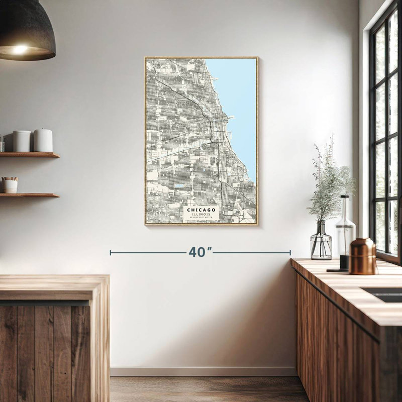 Carte de la ville de Chicago, Floating Frame Natural Wood, 25" x 37"