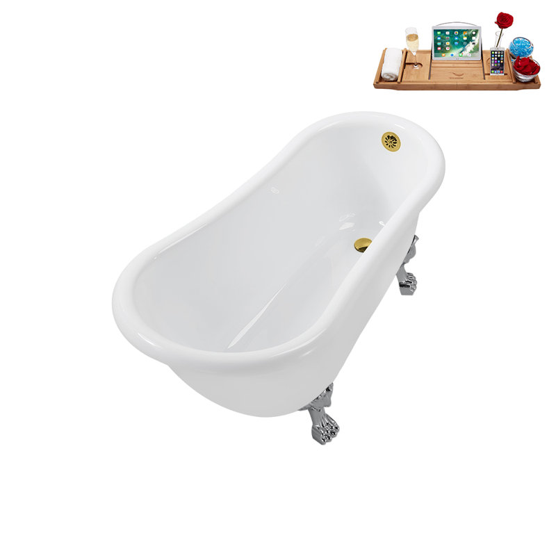 Baignoire de trempage en acrylique sur pieds 53 po avec bonde, pattes et plateau en bambou Streamline, Chrome poli, Or poli