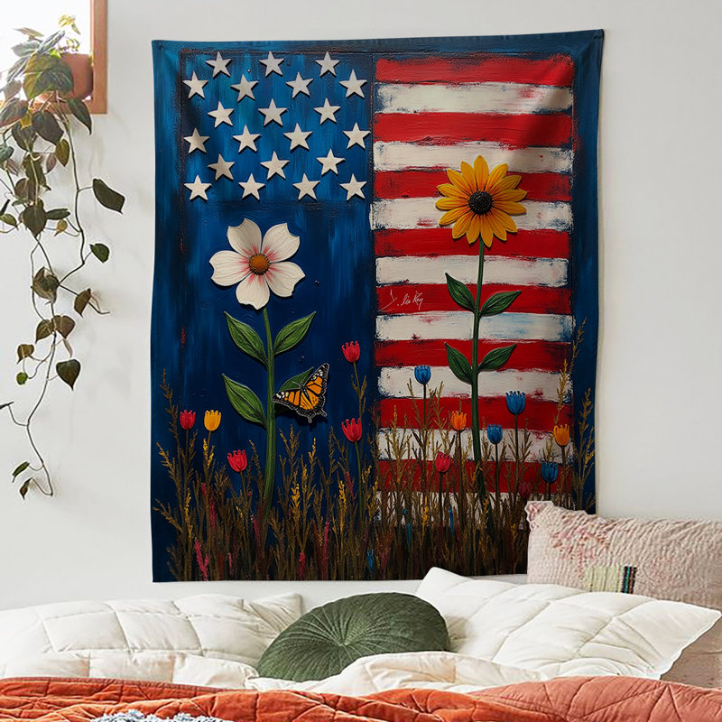 US Flag With Flowers Tapestry, 80" H x 60" W