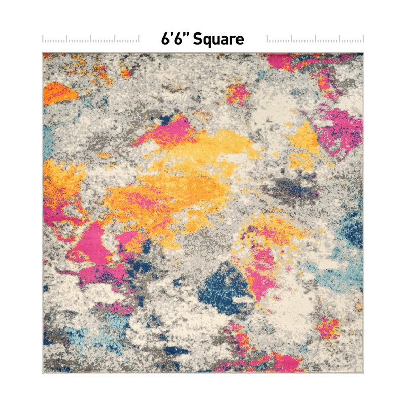 Noires Abstract Ivory/Gray/Blue Area Rug, Square 6'6"