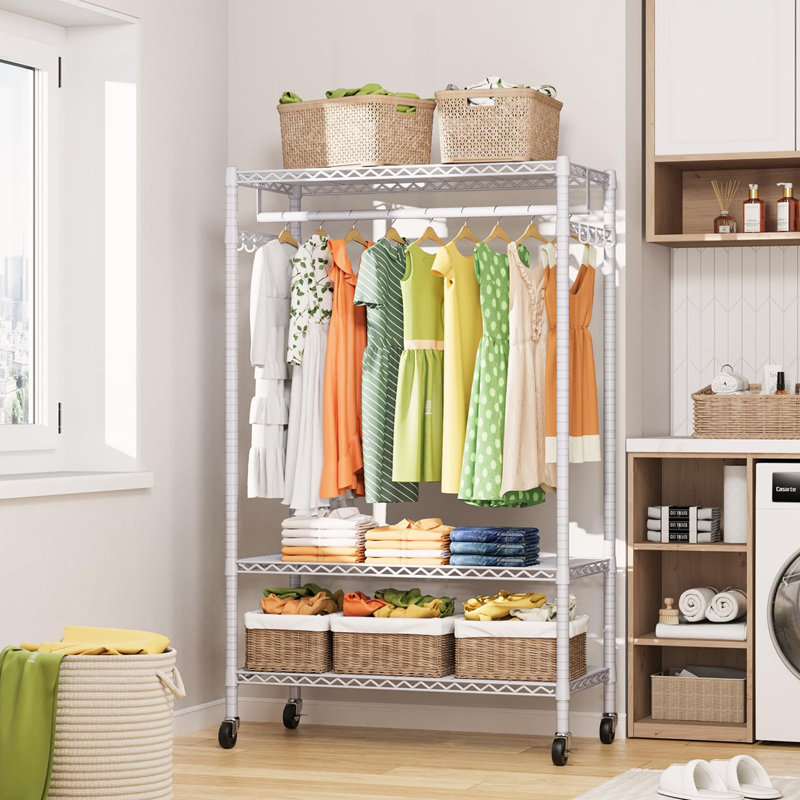 Garde-robe autoportante en métal à 3 couches avec roues verrouillables, Blanc