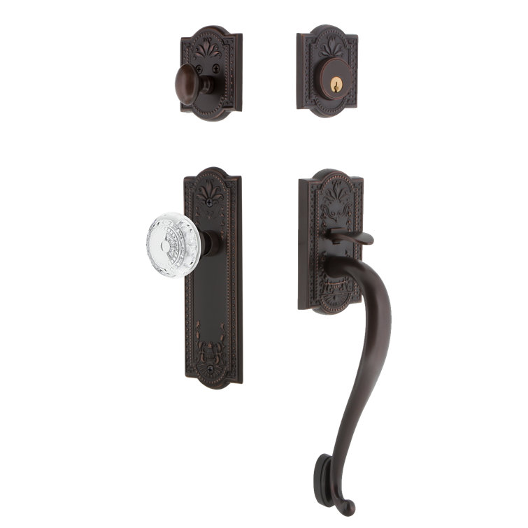 Nostalgic Warehouse Meadows Plate S Grip Handleset with Single Cylinder Deadbolt and Crystal Meadows Knob