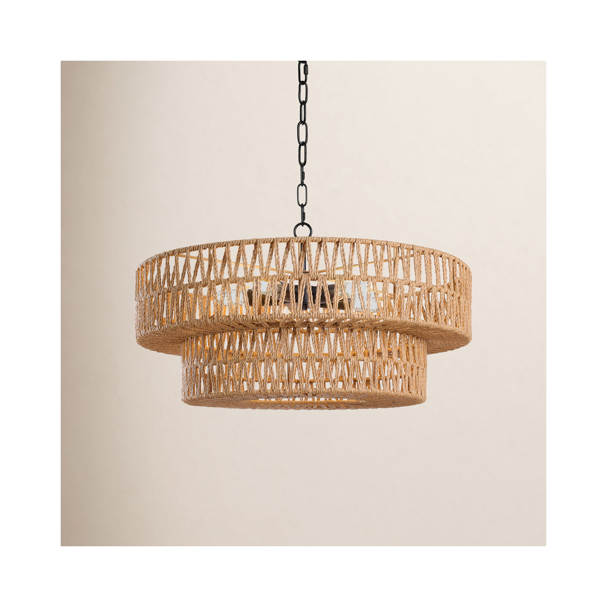5-Light 21.6" Dimmable Hand-Woven Rattan Drum Chandelier, Matte Black