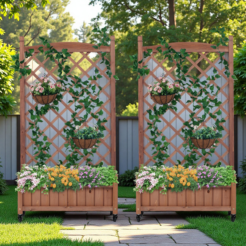 Ensemble de 2 jardin surélevé avec treillis réglable et roues verrouillables | Boîte à fleurs verticale compacte pour légumes et fleurs