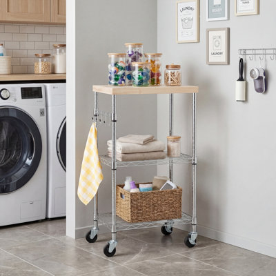 Three-Tier Kitchen Storage Rack With Casters And Two Adjustable Shelves, 175 Lbs Capacity, Dimensions 21.2 X 15.1 X 36.8 Inches, Chrome-Plated Wood Finish.