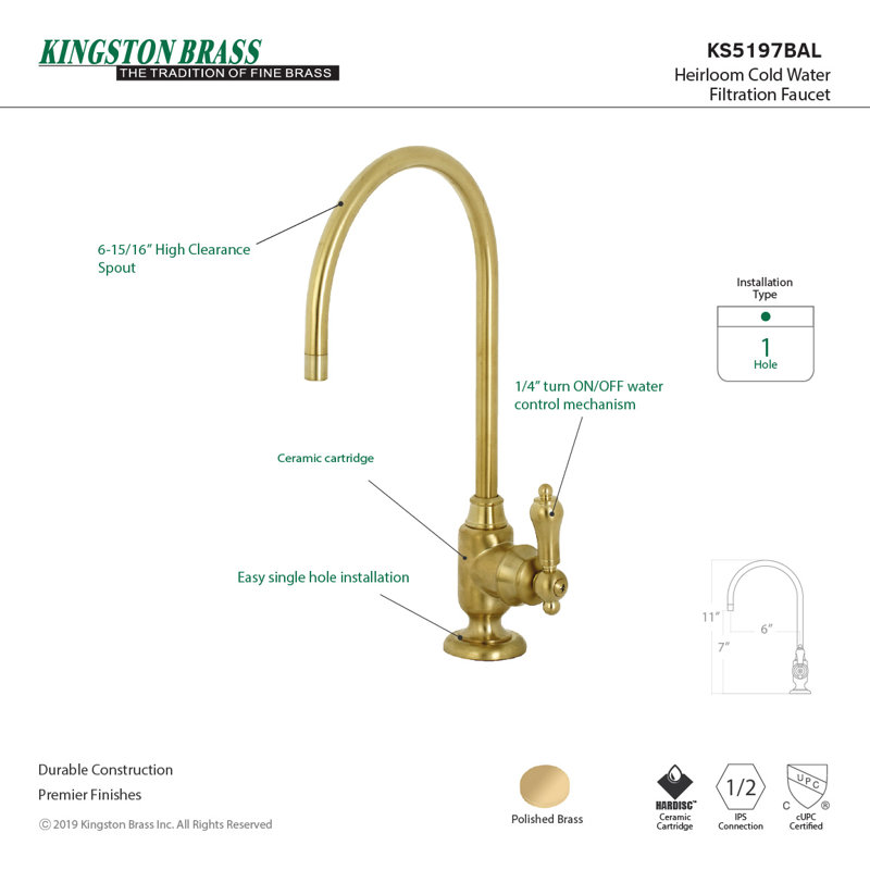 Kingston Brass Heirloom Single-Handle 1-Hole Deck Mount Water Filtration Faucet, Satin Brass