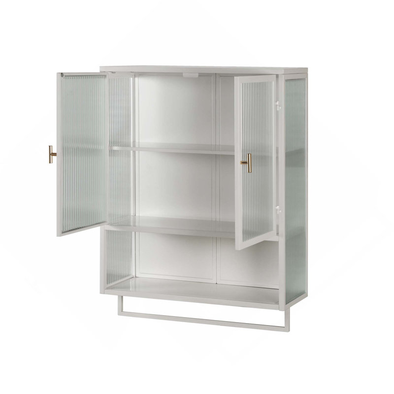 23.62-Inch Modern Double Glass Doors Wall Cabinet With 2-Tier Enclosed Storage, 1 Open Shelf & 1 Towel Rack For Entryway Living Room Bathroom Dining Room