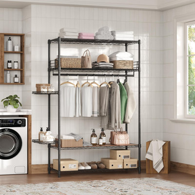 Portant à vêtements à 4 niveaux de 115 cm de large, en acier au carbone robuste, avec étagères métalliques réglables, paniers latéraux, capacité de 439 kg, portant autoportant pour chambre à coucher.