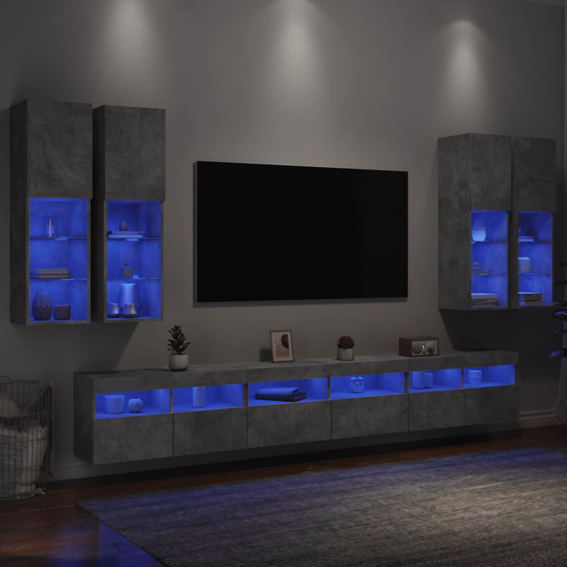 7 Piece TV Wall Cabinet Set with LED Lights, 15.75cm H x 102.36cm L x 11.81cm W, Concrete Grey