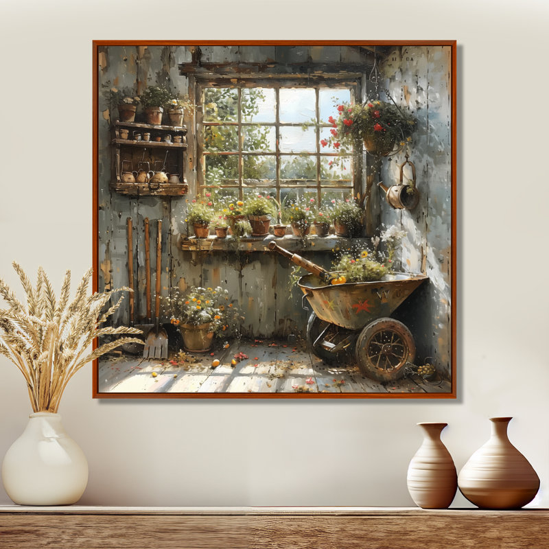 «Grey green a rustic charmante abri de jardin», reproduction sur toile, Cadre flottant brun, bois massif, H 30 po x l 30 po