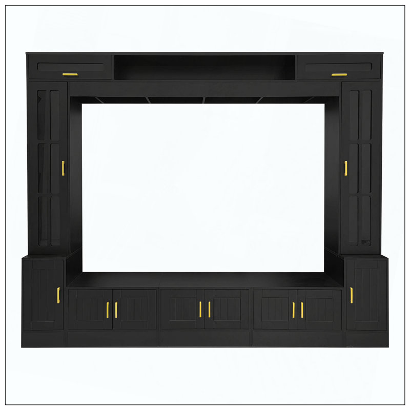 Wall Unit Entertainment Center, Bookshelves, Cabinets, Tempered Glass Doors, Adjustable Shelves, Solid Color Finish, Gold-Colored Metal Handles, Suitable For Living Room