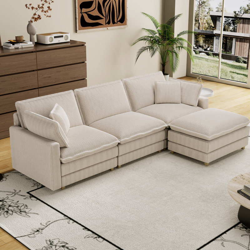 Beige Deep Seat Sectional With 4 Pillows - L-shaped, Modular For Living Room, Home Office, Solid Couch Bedroom, Apartment,