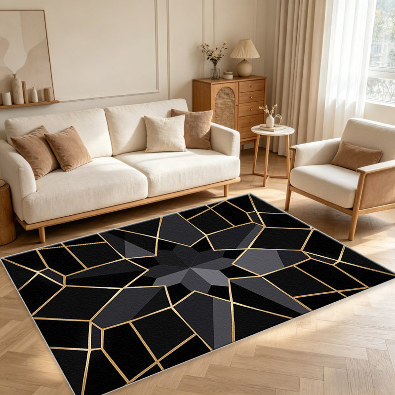 Black Gold Geometric carpet-easy to clean, machine-washable, soft and comfortable; suitable for door mats, kitchens, living rooms, bedrooms, corridors, and laundry areas. Easy to clean, durable carpet for home decoration.