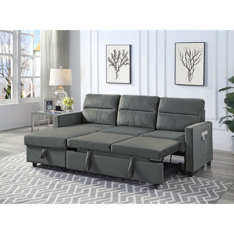 81.5"W Velvet Reversible Sleeper Sectional Sofa With Storage Chaise And Side Pocket, Gray Velvet