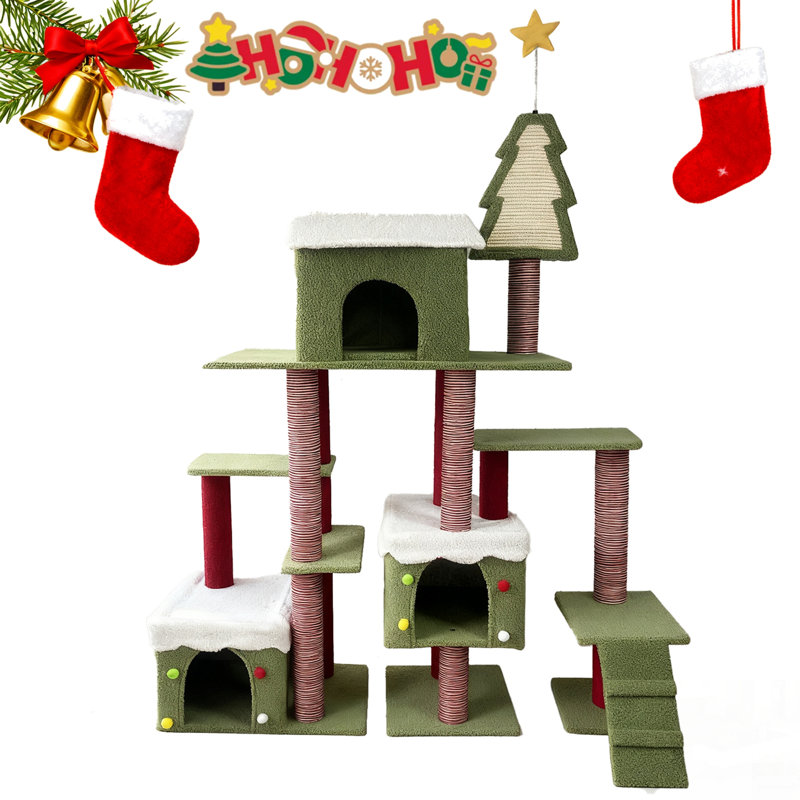 Tour pour arbre à chat festive avec plateformes multi-niveaux et cachettes douillettes pour chats d'intérieur