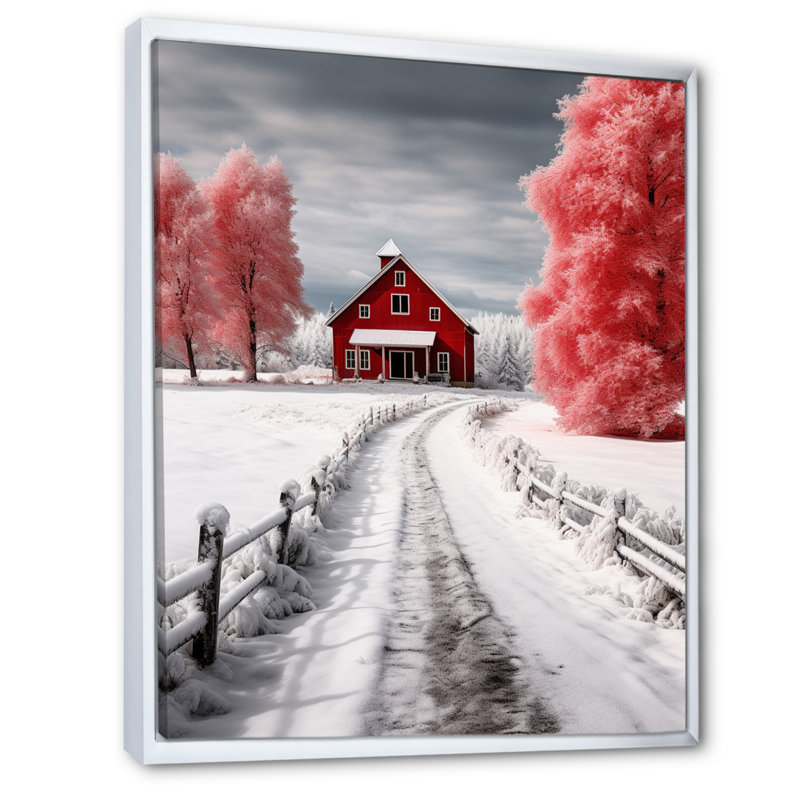 «Red and White Winters Barn», reproduction sur toile encadrée, Cadre flottant blanc, H 32 po x l 16 po x P 1 po