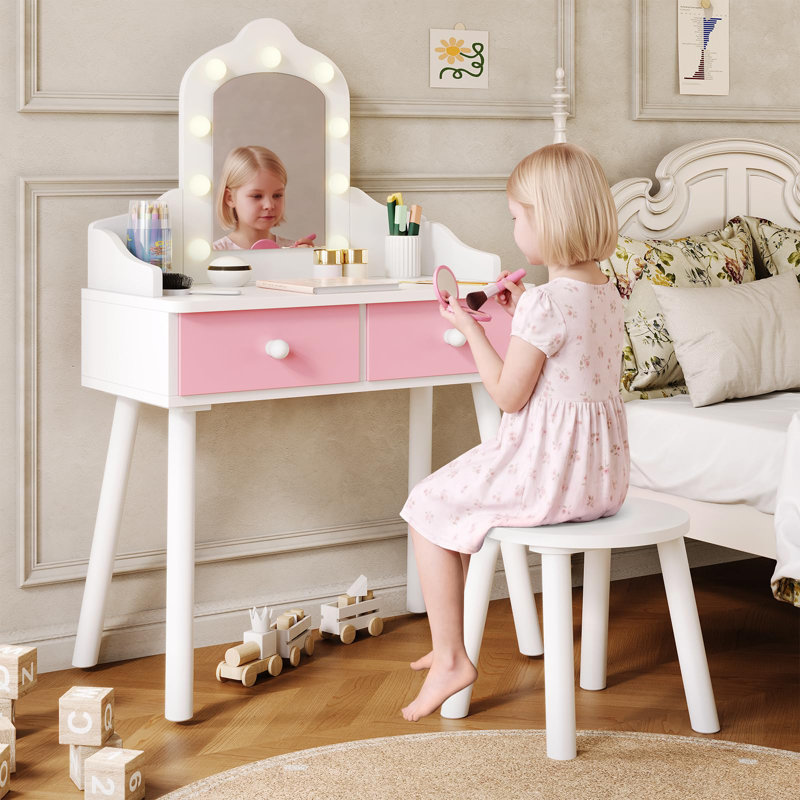 Ensemble coiffeuse avec éclairage DEL, miroir tricolore et tabouret assorti, Blanc