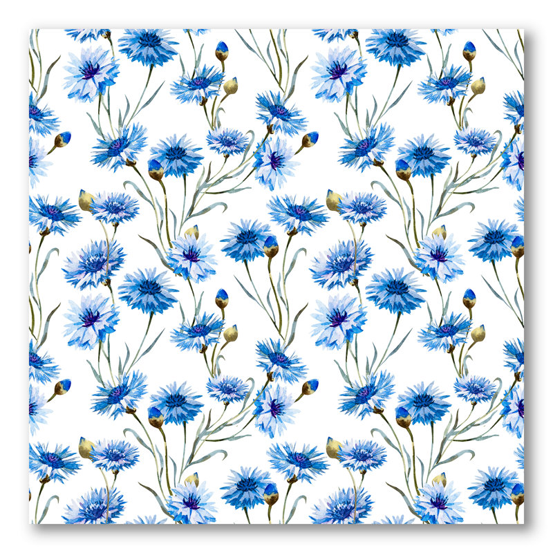 Bleu bleuet avec feuilles vertes II - impression sur toile, H 30 po x l 30 po x P 1 po, Toile tendue