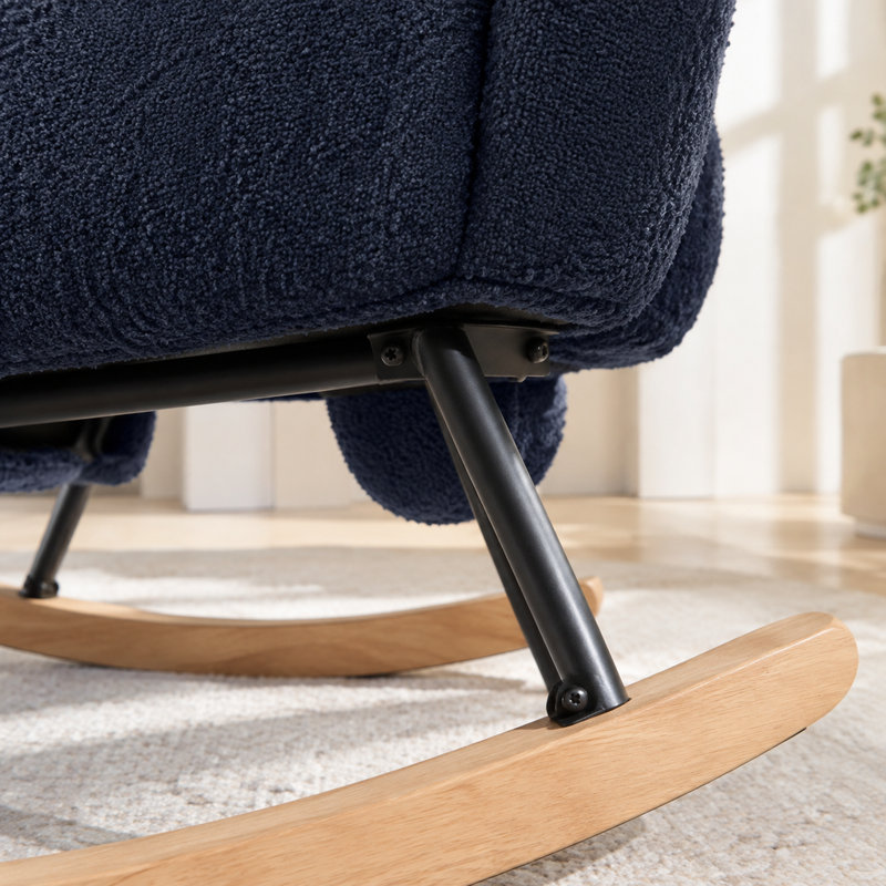 Ensemble chaise berçante et repose-pieds en tissu Teddy bleu foncé, fauteuil d'allaitement à oreilles avec poche de rangement