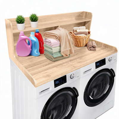 54" w x 27.55" d 2-Tier Washer & Dryer Countertop with Shelf, Wooden Washer Dryer Topper Cover with Non-Slip Pad for Laundry Room Organization and Storage