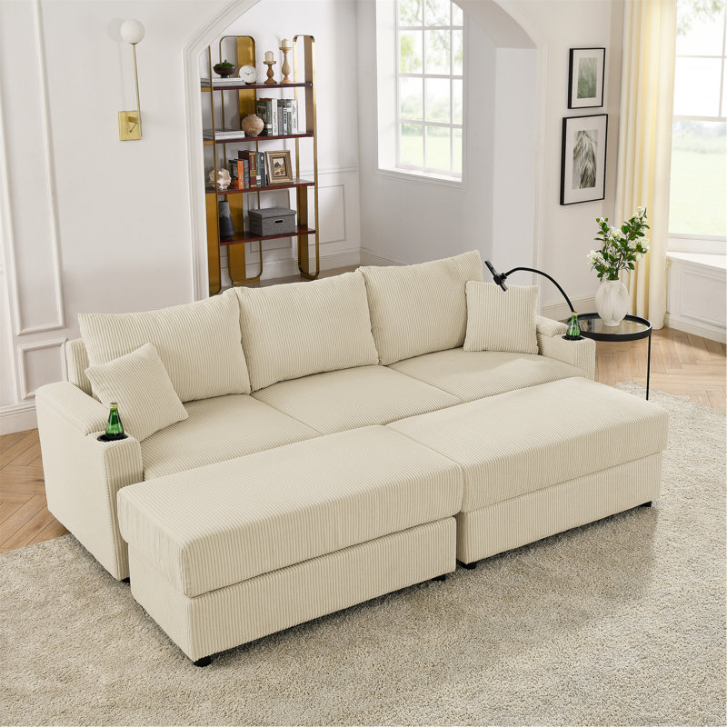 Canapé-lit moderne avec rangement, avec 2 repose-pieds, canapé à assise profonde avec porte-gobelets et support pour téléphone, canapé en velours côtelé pour le salon