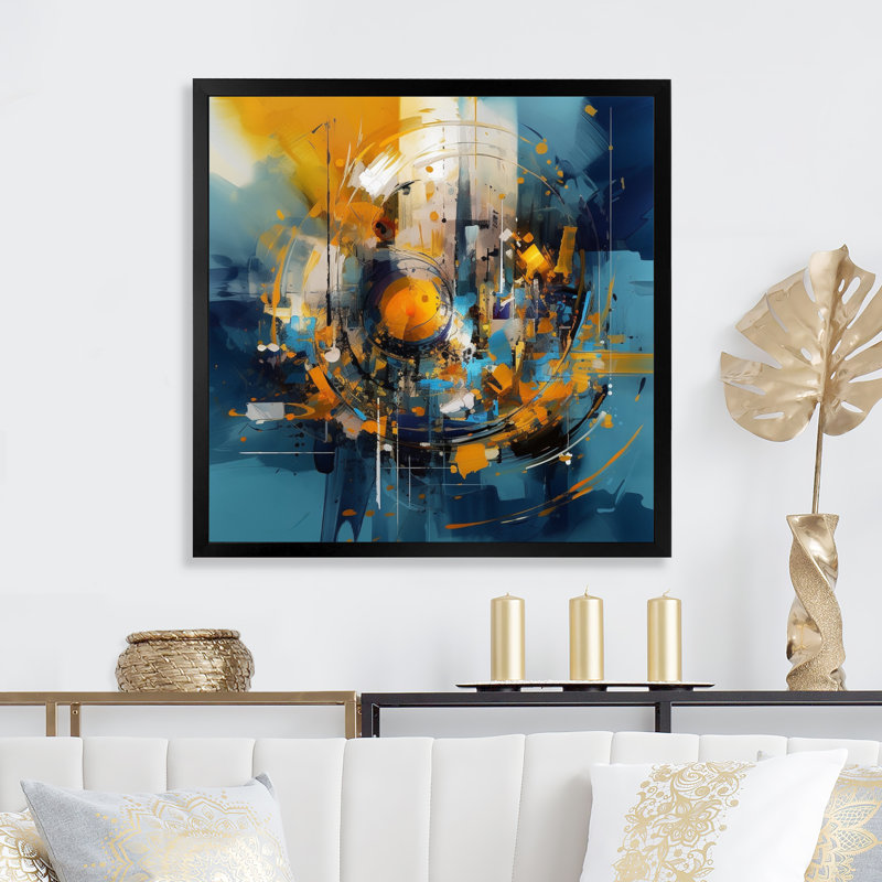 Blewitt, pierre fluide bleue et jaune V sur toile, Cadre photo noir, H 16 po x l 16 po x P 1 po