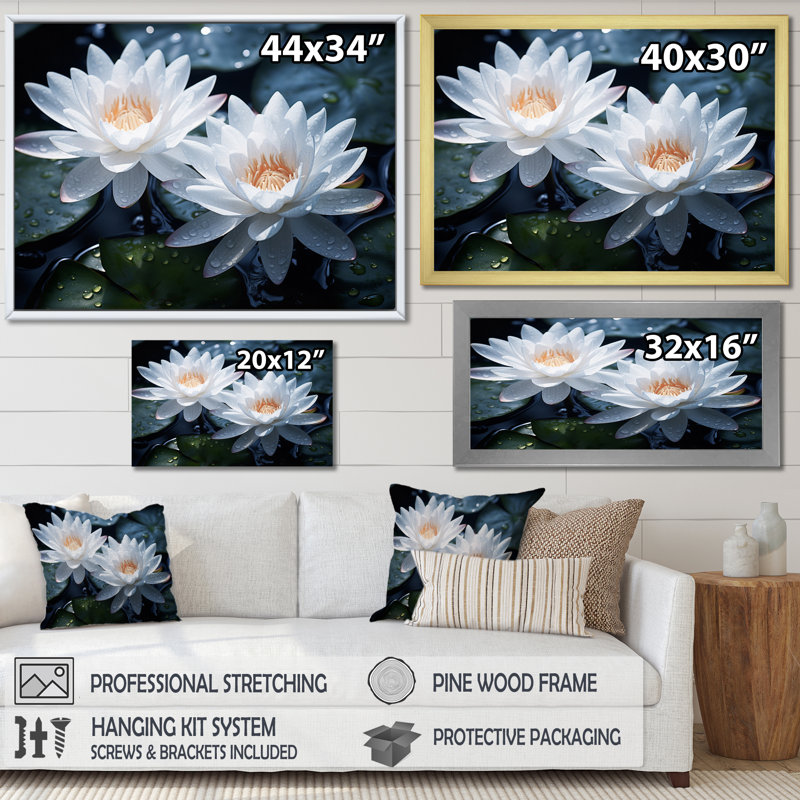 Champ de lotus blanc jaune II sur toile, Cadre simple noir, H 12 po x l 20 po x P 1 po