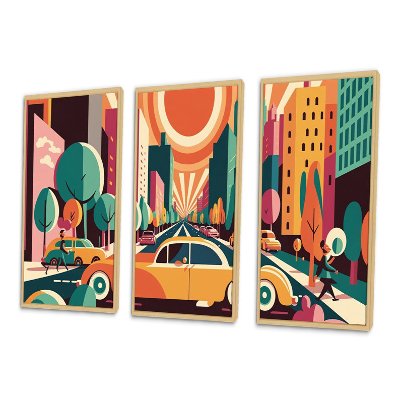 «Colorful Cityscape Cars I», reproduction sur toile 3 pièces, H 28 po x l 36 po x P 1 po, Encadrement brun