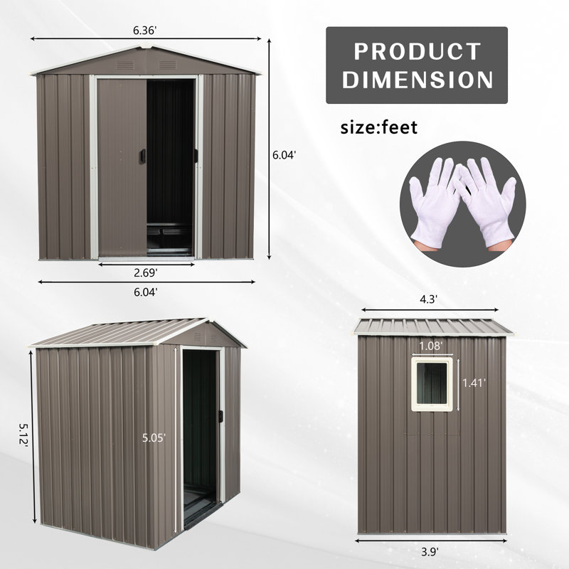 6Ft X 5Ft Outdoor Metal Storage Shed Gray With Window, 76.77" H x 46.85" W x 72.44" D, Gray/White