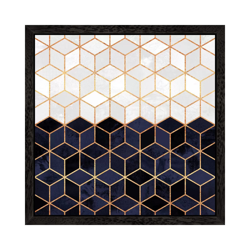 White And Navy Cubes - Floater Frame Print on Canvas, 66.04 cm H x 66.04 cm W, Black Framed