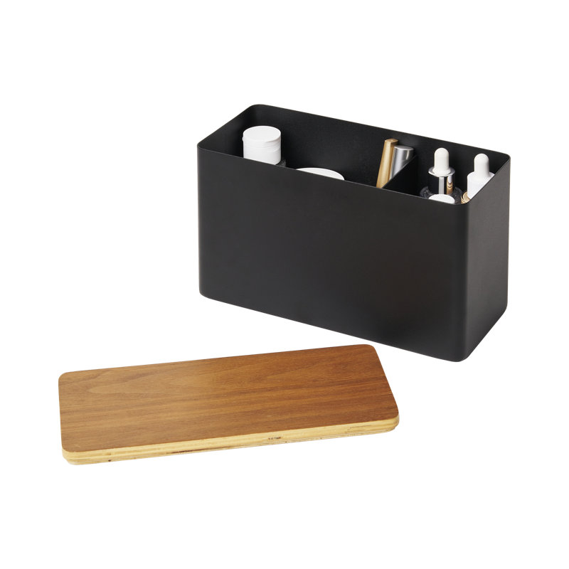 Black Steel and Wood Lidded Countertop Organizer