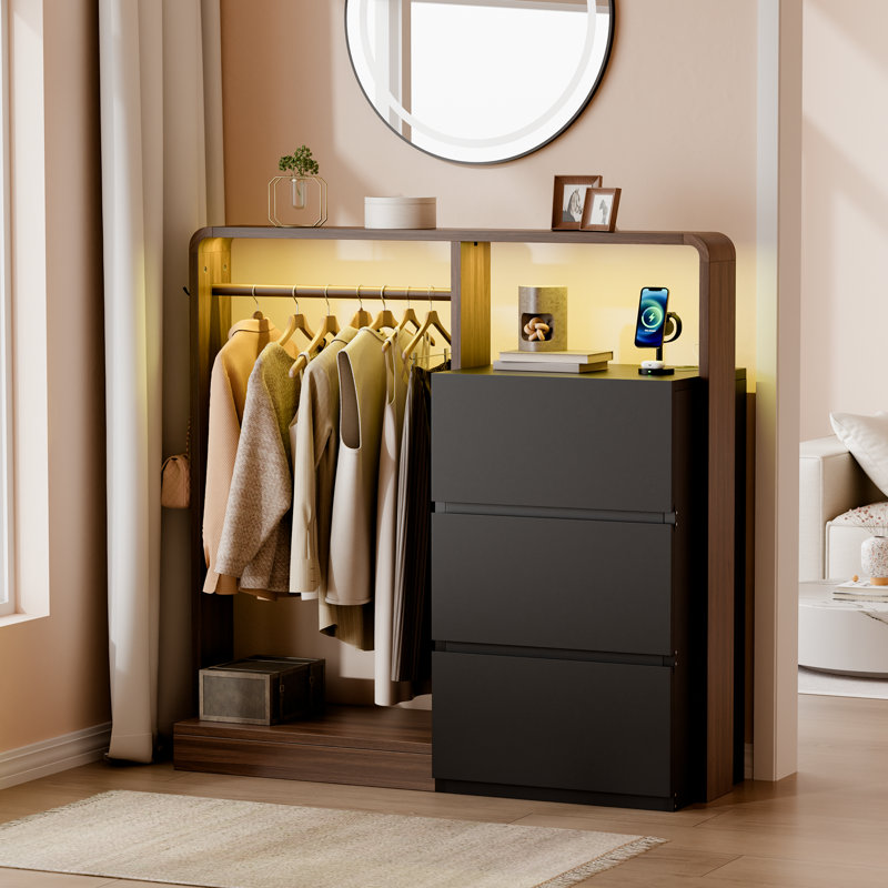 Dresser With Led Lighting & Charging Station + Clothes Rack Combo, 3-Drawer Closet Organizer With Hanging Rod & Side Hooks – Perfect For Bedroom, Entryway, Apartment, Or Small Space Storage