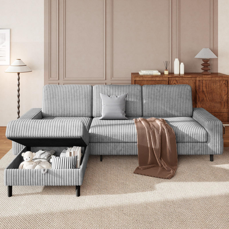 3 Seater Corduroy Sofa & Chaise,L Shaped Sofa with Movable Storage Ottoman, 3-Seater Modular Sectional Sofa, Corduroy Couch, Wooden Frame, Deep Seat, Ideal for Living Room, Black