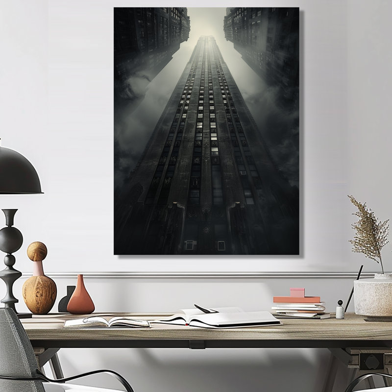 «Greys Colossal Structure Skyscrapers I» - Reproduction d'art mural gratte-ciel, Cadre pour photo simple noir, bois massif