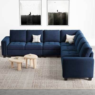 Shavera 6 - Piece Velvet Large L Shaped Corner Sectional Sofa Solid Wood Livingroom Couch