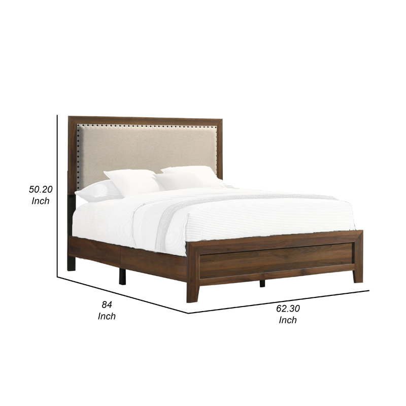 Shannon Panel Bed With Nailhead Trim, Fabric, Wood, Ivory/Cherry Brown, Queen