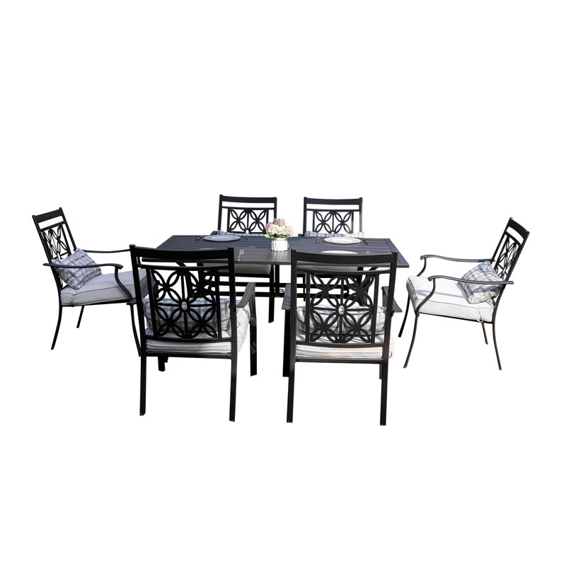 6-Person Outdoor Metal Dining Set with Cushions, Rectangular Patio Dining Table