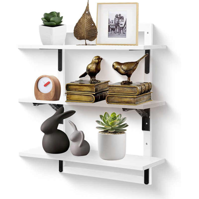 23.6-Inch Floating Shelves For Wall, 3-Tier Wooden Wall Mounted Shelves With Foldable Brackets, Heavy-Duty Storage For Kitchen, Living Room, Bedroom, Bathroom