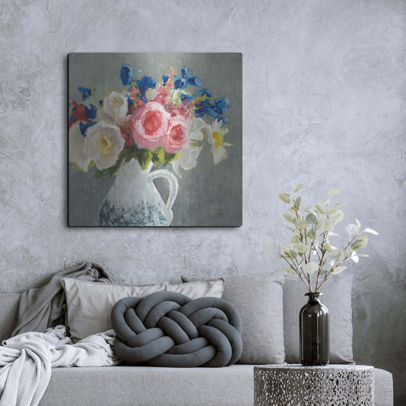 «Bouquet In French Jug 1 Gray» par Shirley Novak, art mural en métal, H 36 po x l 36 po