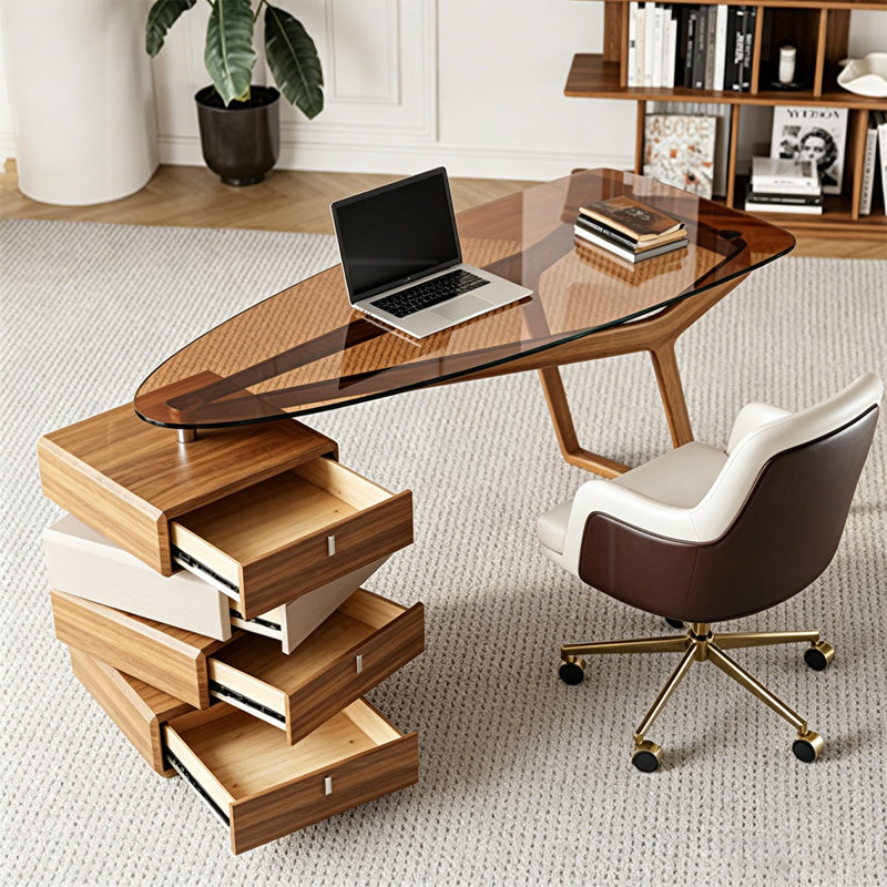 Bureau de 59,06 po Modern Light Luxury Creative Design - plateau en verre trempé, structure en bois massif, tiroirs rotatifs