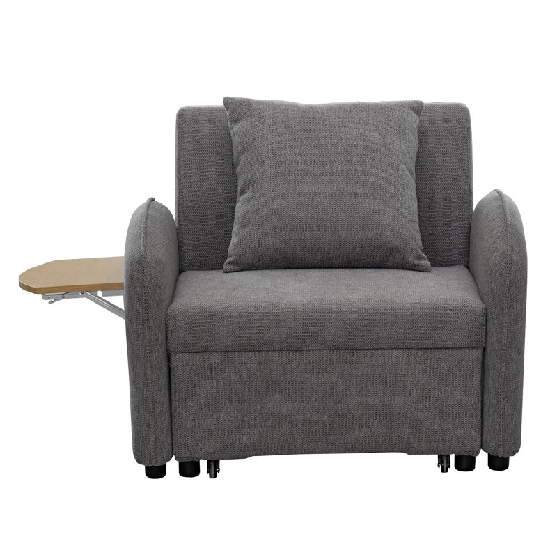 Lit escamotable 3 en 1, chaise simple convertible grise avec panneau d'ordinateur, hublots, lin, panneau de lin réglable pour le travail et la détente, guide d'assemblage complet