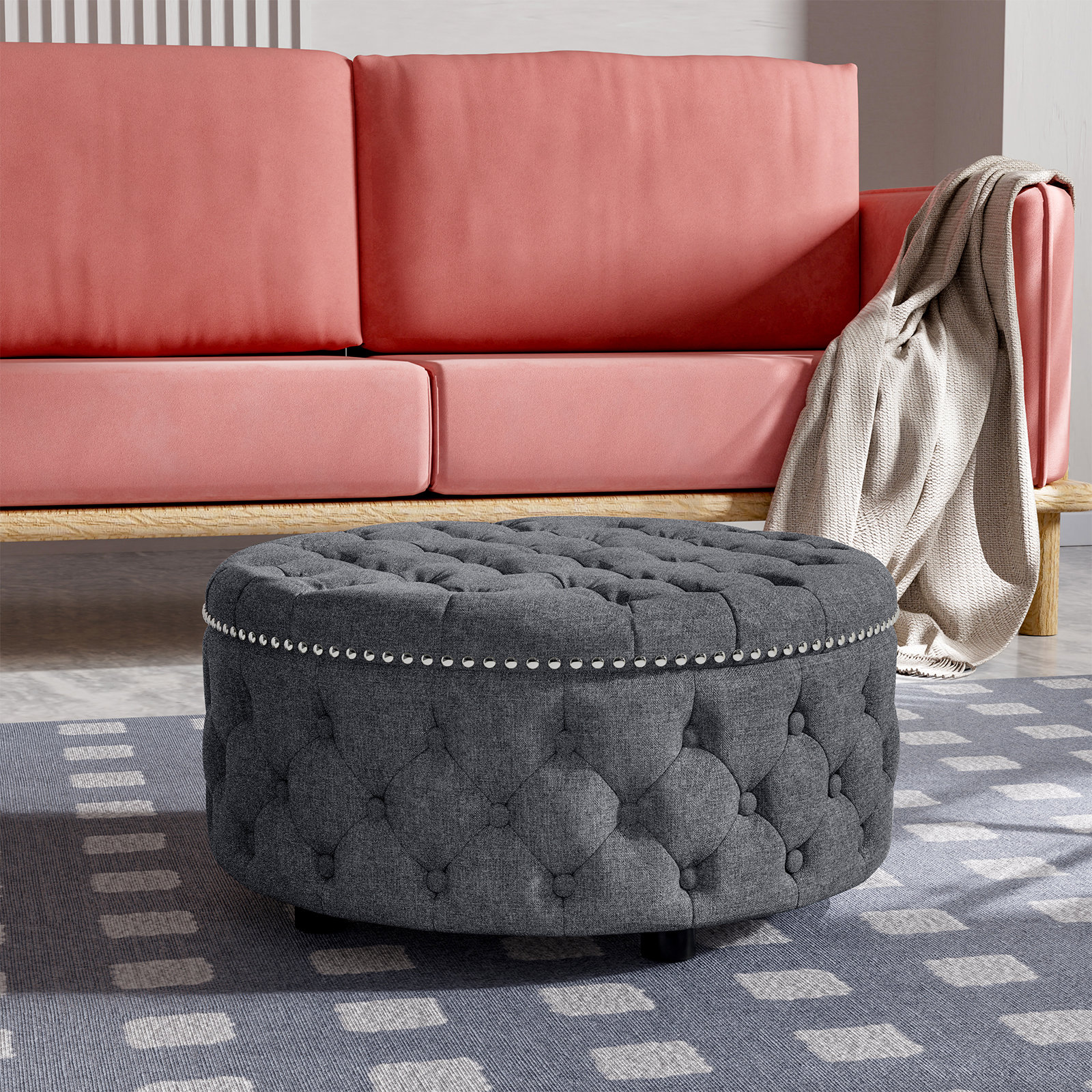 Acle 75cm Wide Tufted Round Solid Colour Cocktail Ottoman